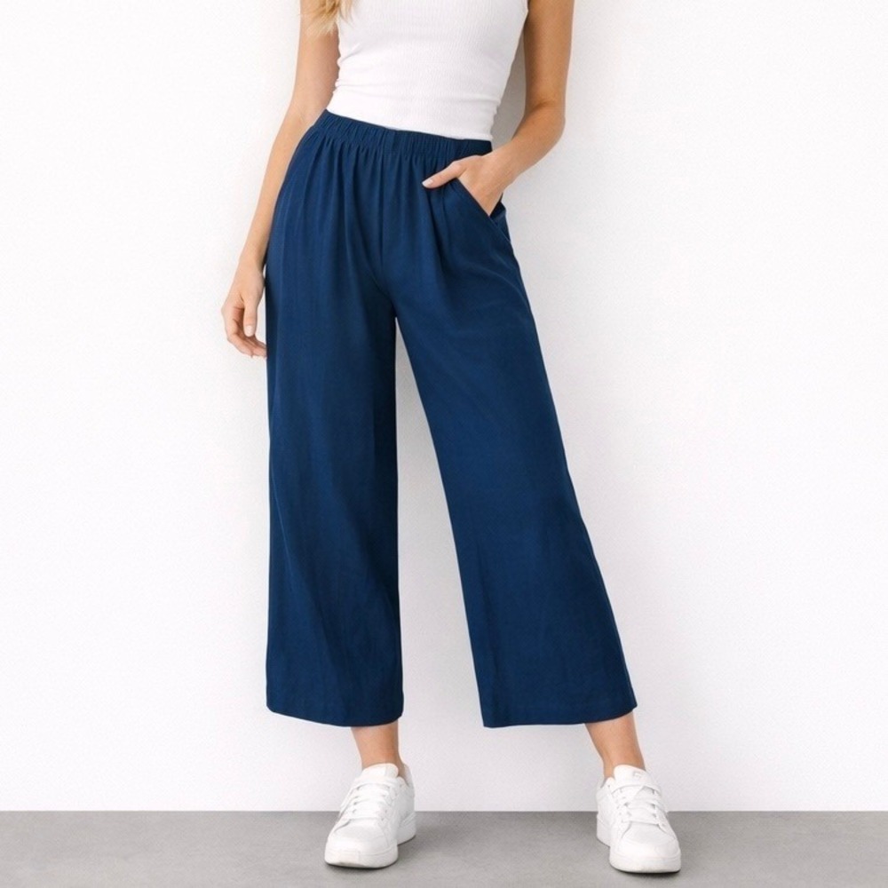 Johnny Was Calme Navy Blue Wide Leg Cropped Pants Viscose Elastic Waist Small